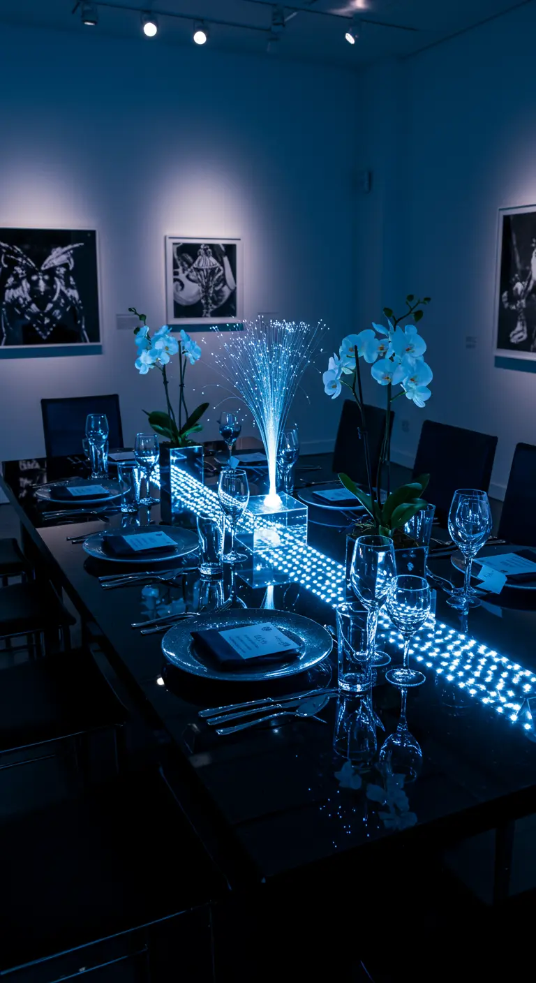 Table de dîner moderne dans une pièce sombre, avec éclairage LED bleu et centre de table lumineux.