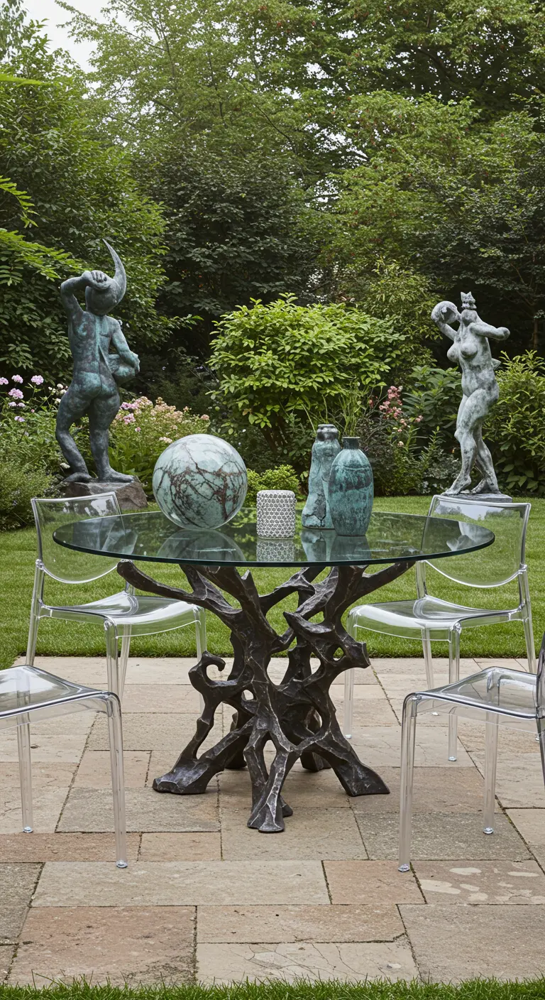 Table avec pied sculptural en bronze entourée de chaises transparentes.