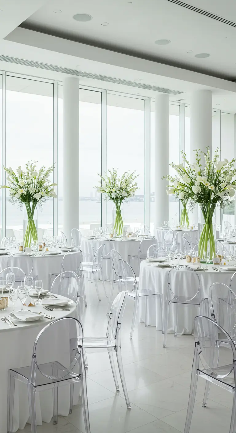 Salle de réception blanche et lumineuse avec des tables rondes et de hauts vases de fleurs blanches.