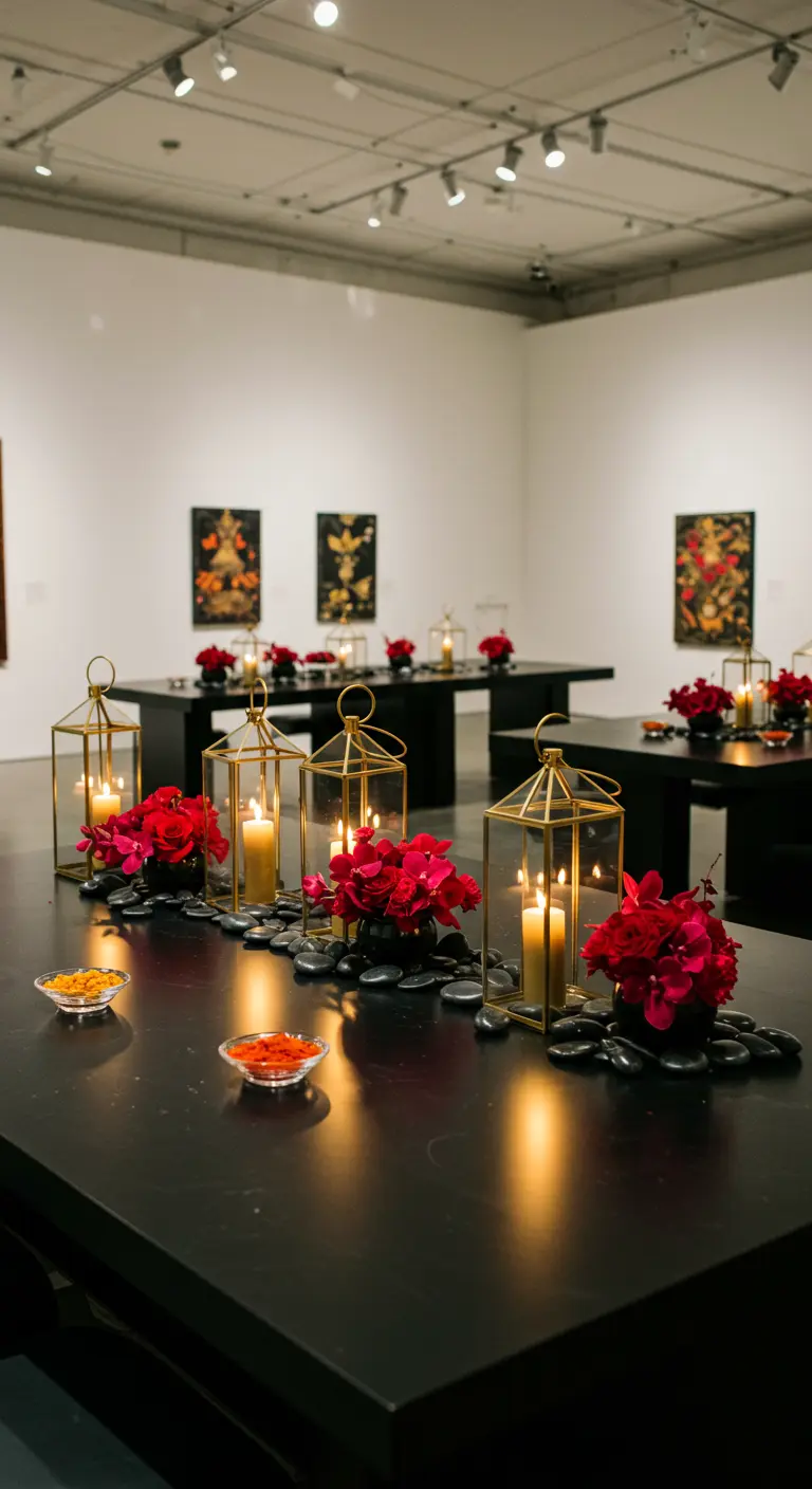 Tables noires avec lanternes dorées, fleurs rouges et épices dans une galerie.