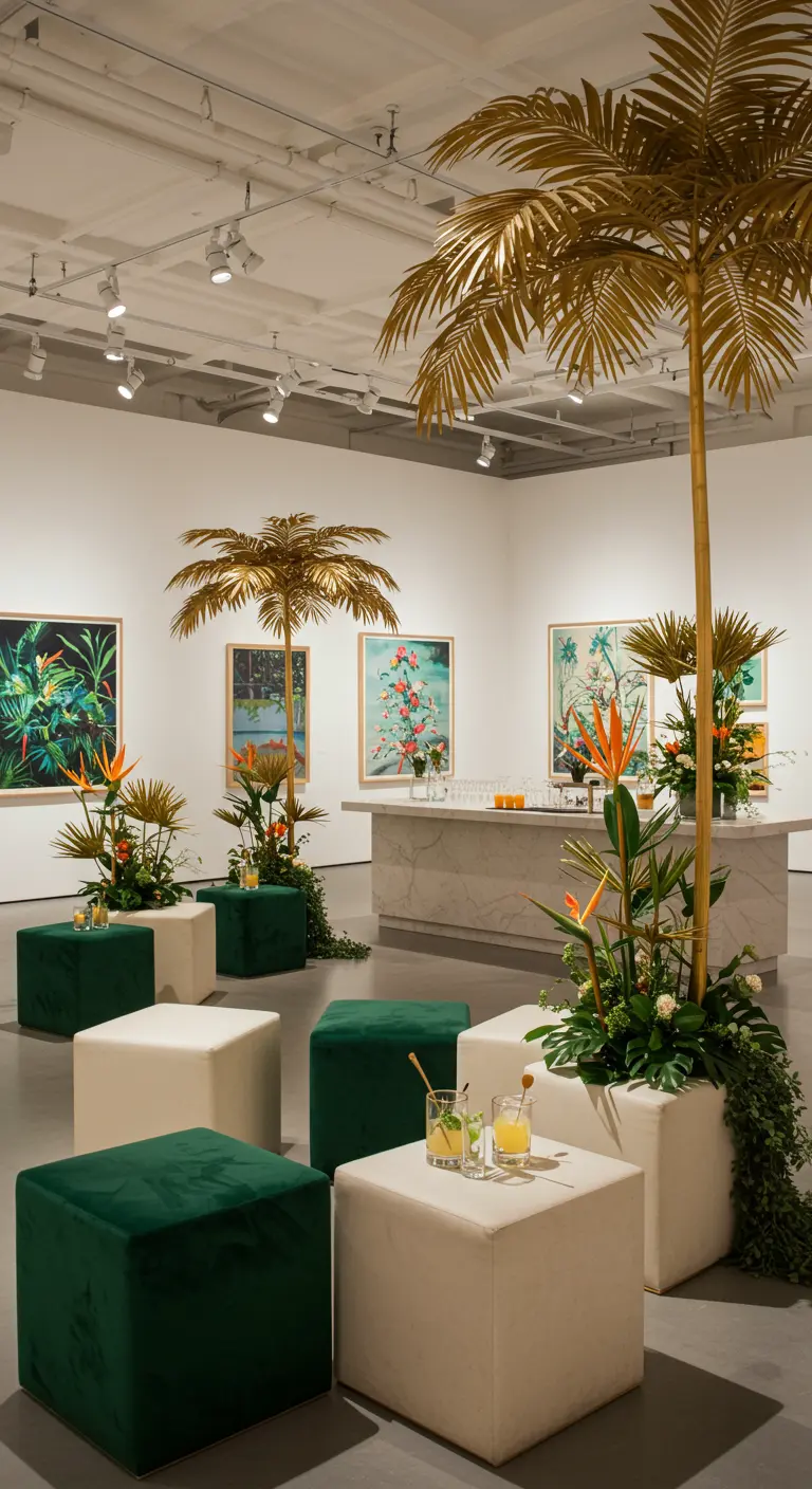 Espace de galerie moderne avec palmiers dorés, poufs verts et blancs, plantes tropicales et œuvres d'art.