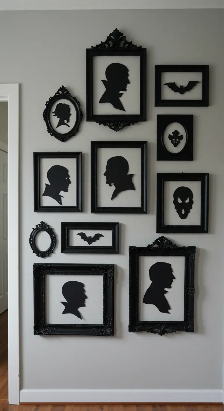 Un mur gris clair avec une composition de plusieurs cadres noirs contenant des silhouettes de vampires et de chauves-souris.