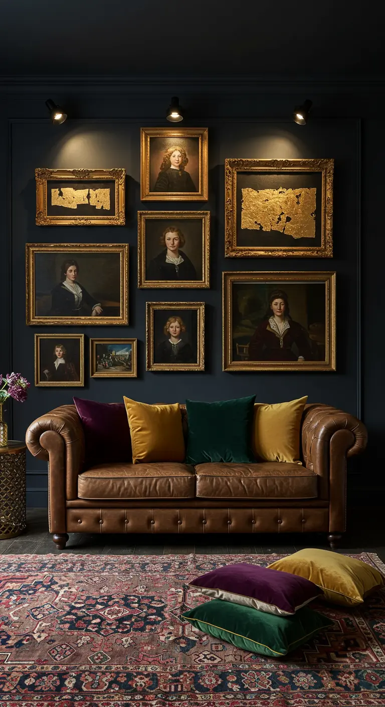 Salon sombre et luxueux avec un canapé Chesterfield, un mur bleu nuit et des portraits classiques éclairés.