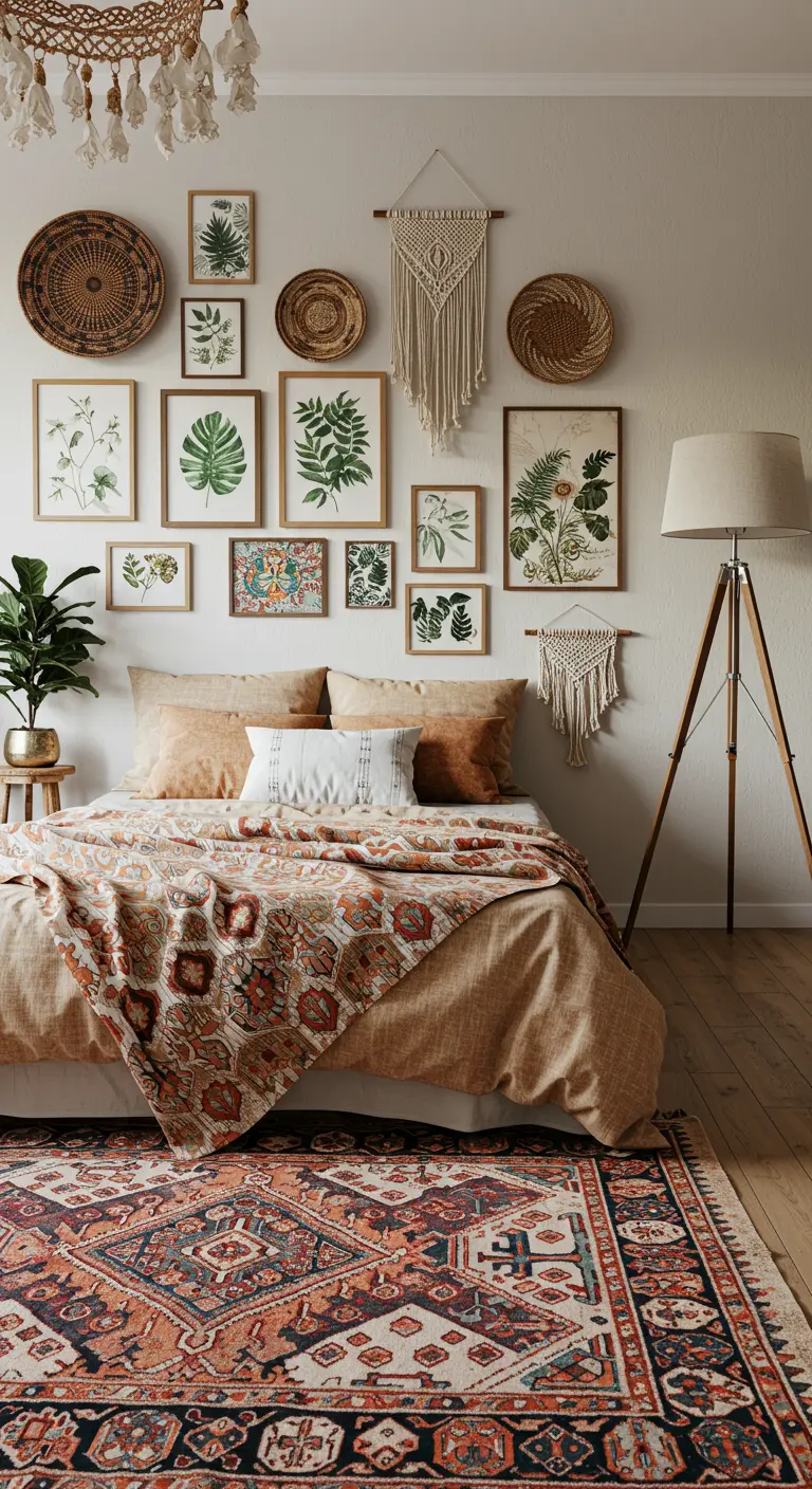 Chambre bohème avec galerie murale de cadres botaniques et paniers tissés, tapis coloré.