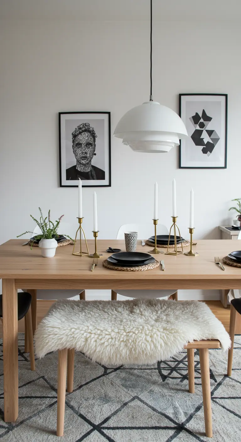 Table de Noël scandinave avec un banc en peau de mouton et des cadres au mur.