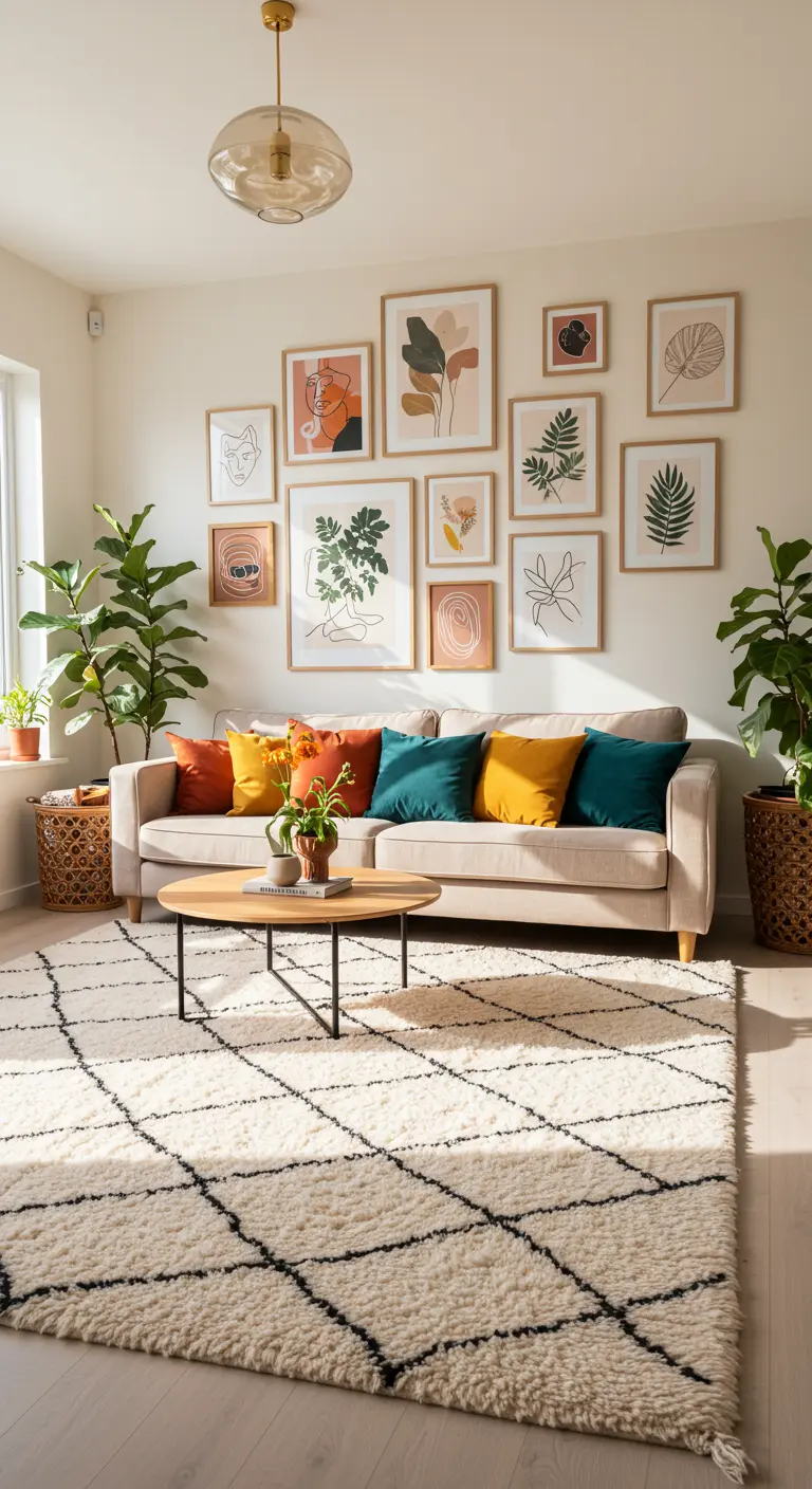 Salon bohème chic avec tapis berbère, mur de cadres botaniques et coussins ocre et turquoise.