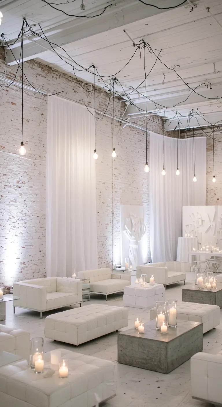 Espace événementiel blanc minimaliste avec rideaux, canapés modernes, tables basses et bougies.