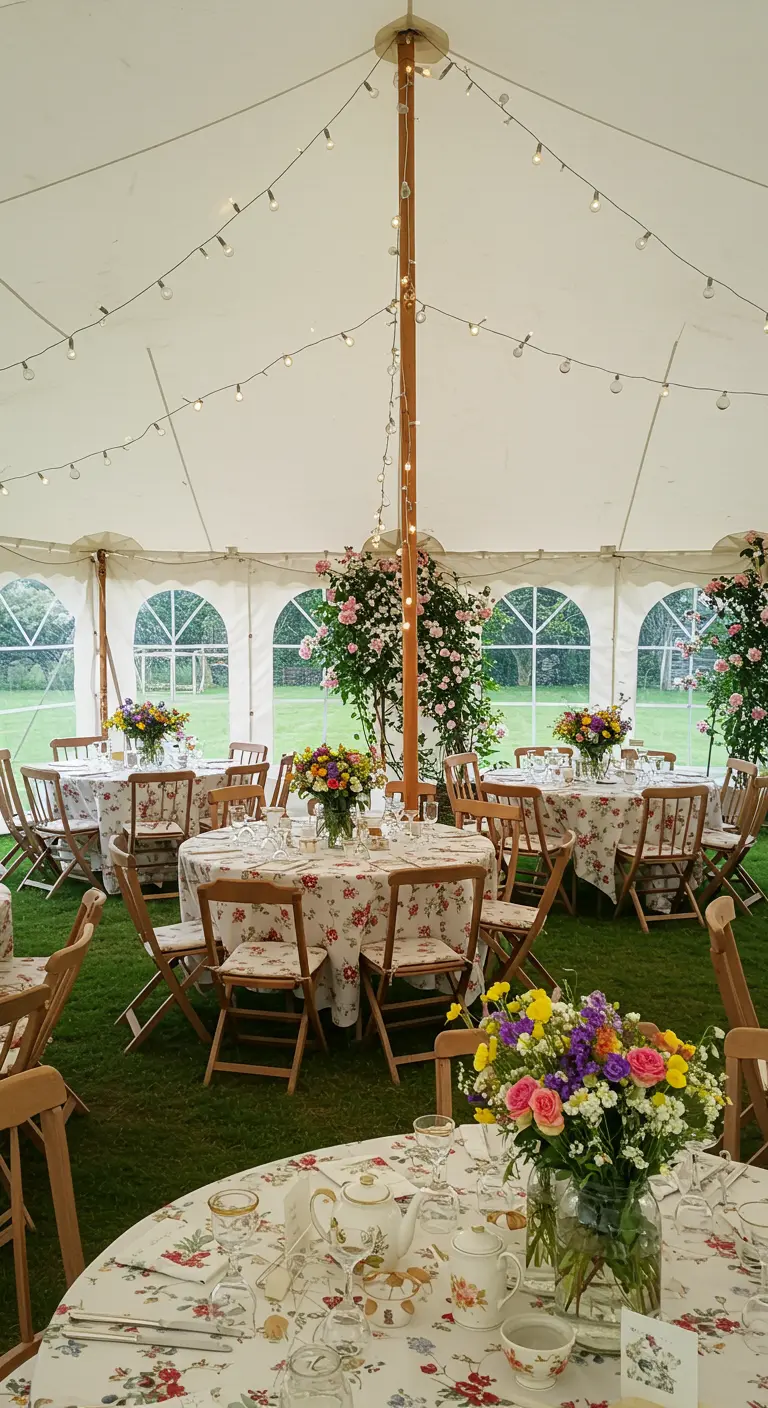 Tables rondes avec nappes à fleurs et vaisselle de thé vintage.