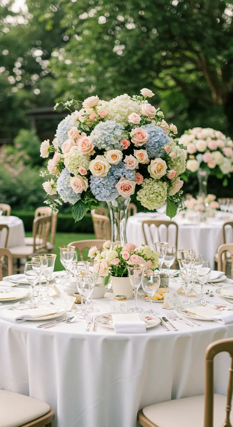 Centre de table haut avec hortensias bleus et roses pastel.