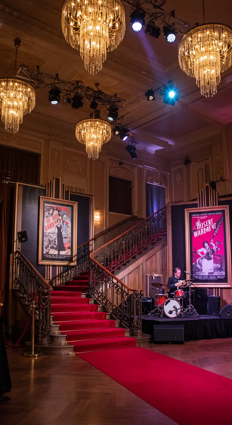 Grand escalier avec tapis rouge et affiches de cinéma dans un décor Art Déco.