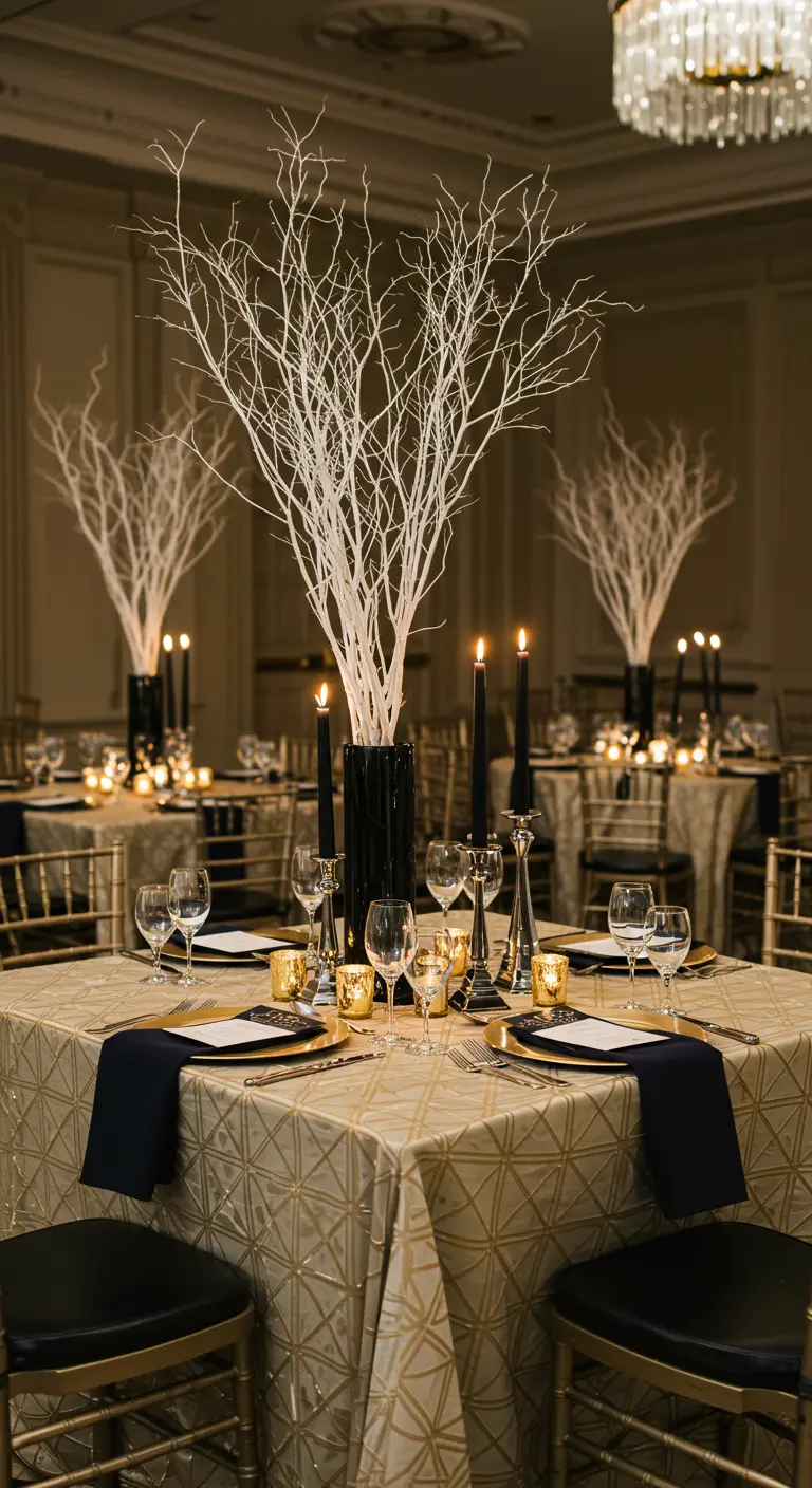 Table de mariage Art Déco avec nappe dorée, vase noir, branches blanches et bougies noires.