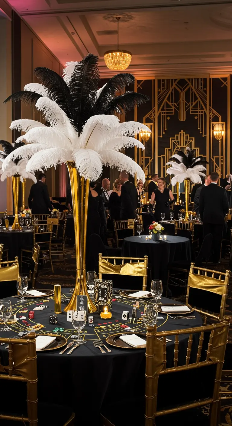 Table de réception style années 20 avec plumes et chaises dorées.