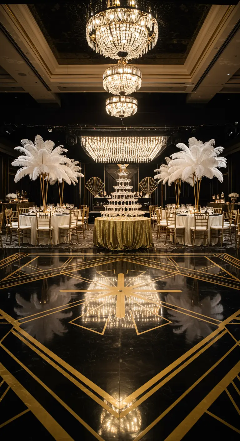 Décoration de soirée Art Déco avec pyramide de champagne et palmiers en plumes.