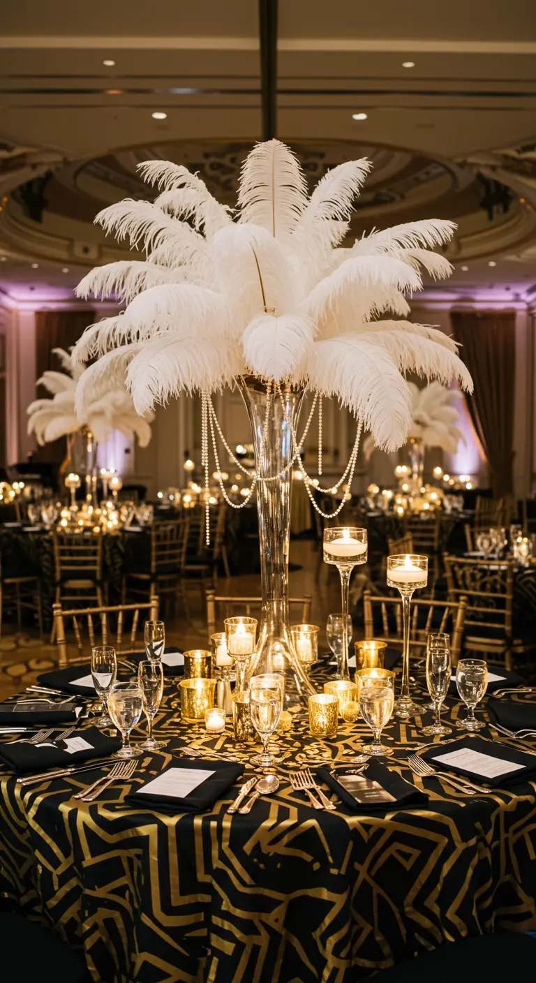Centre de table style Art Déco avec plumes d'autruche blanches, perles et nappe géométrique.