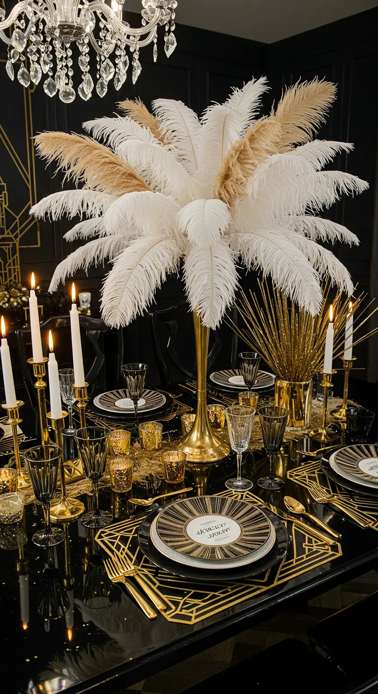 Table de réveillon Art Déco noire et or avec un centre de table en plumes.