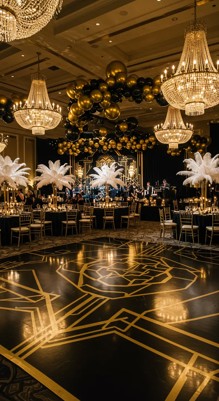 Salle de bal style Gatsby avec lustres, ballons noirs et or, et piste de danse graphique.
