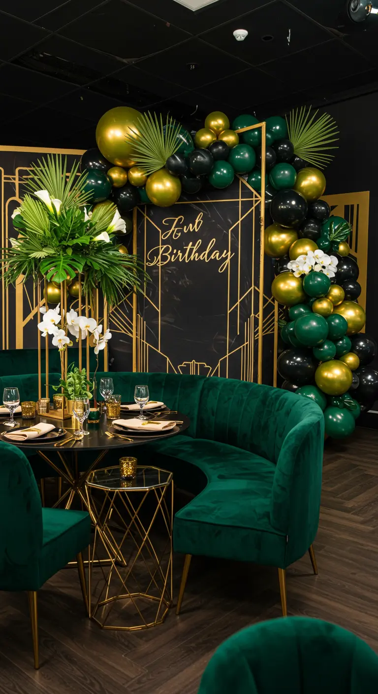 Décor de fête Art Déco avec ballons noirs, or et verts et mobilier en velours.