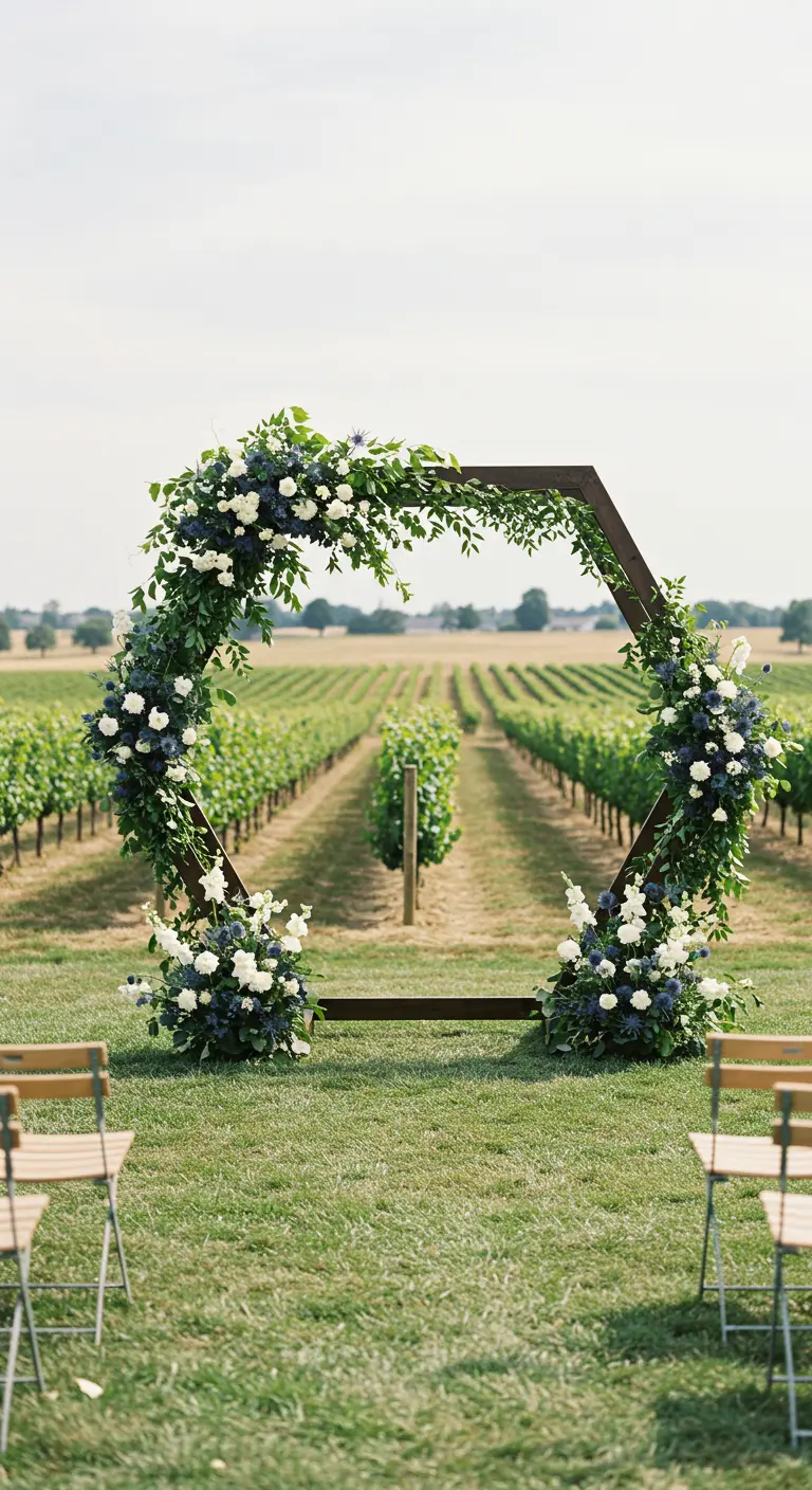 Arche hexagonale en bois décorée de fleurs blanches et bleues avec un vignoble en arrière-plan.