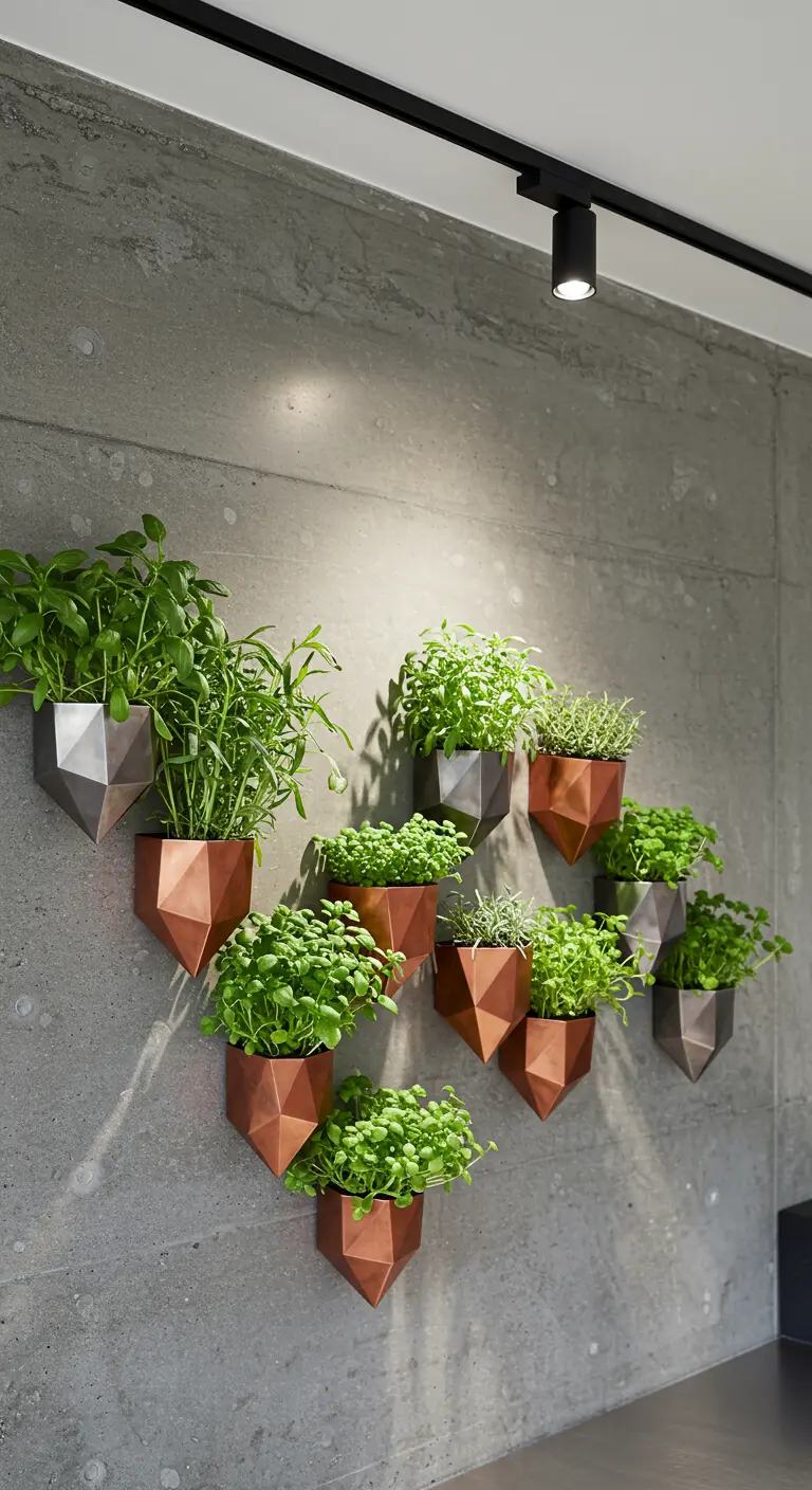 Pots géométriques couleur cuivre avec herbes vertes fixés sur un mur de béton.