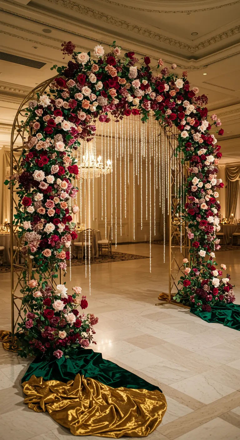 Arche géométrique dorée avec roses rouges/roses, drapés velours émeraude, tissu doré et perles.