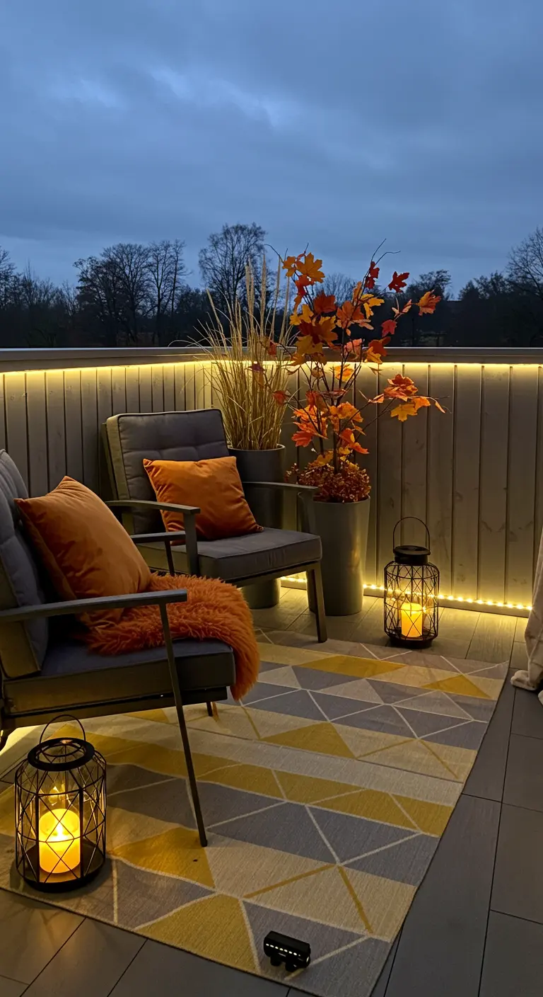 Balcon avec tapis géométrique, fauteuils, érable japonais, bandeau LED lumineux et lanternes en métal.