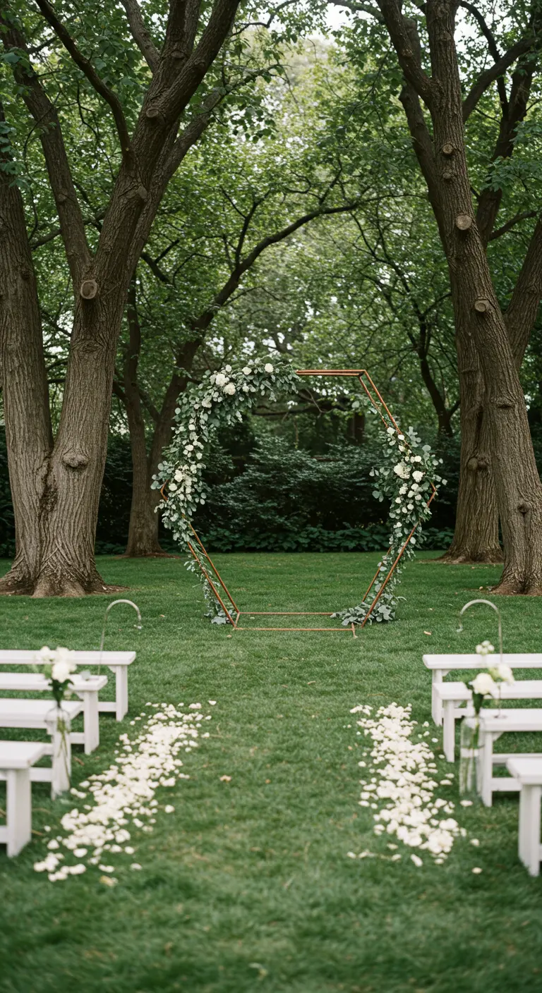 Arche de mariage hexagonale en cuivre dans un jardin, décorée de feuillage et de fleurs.