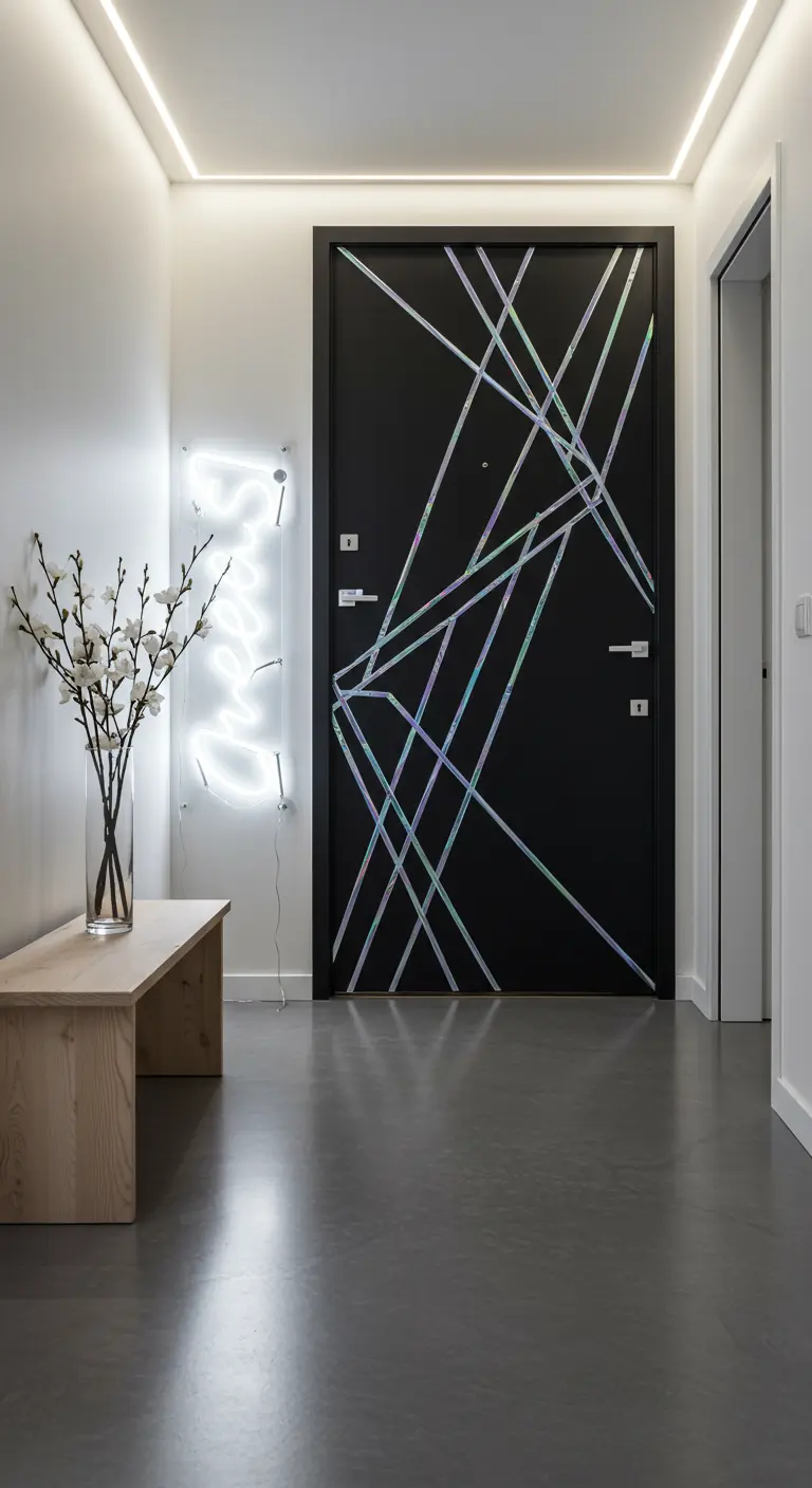 Porte noire moderne décorée de rubans irisés géométriques et enseigne néon 