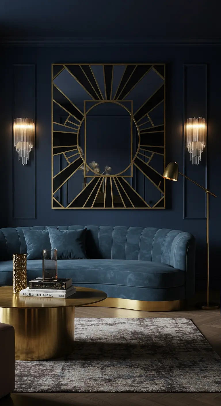 Grand miroir géométrique doré et noir sur un mur bleu foncé, au-dessus d'un canapé en velours.