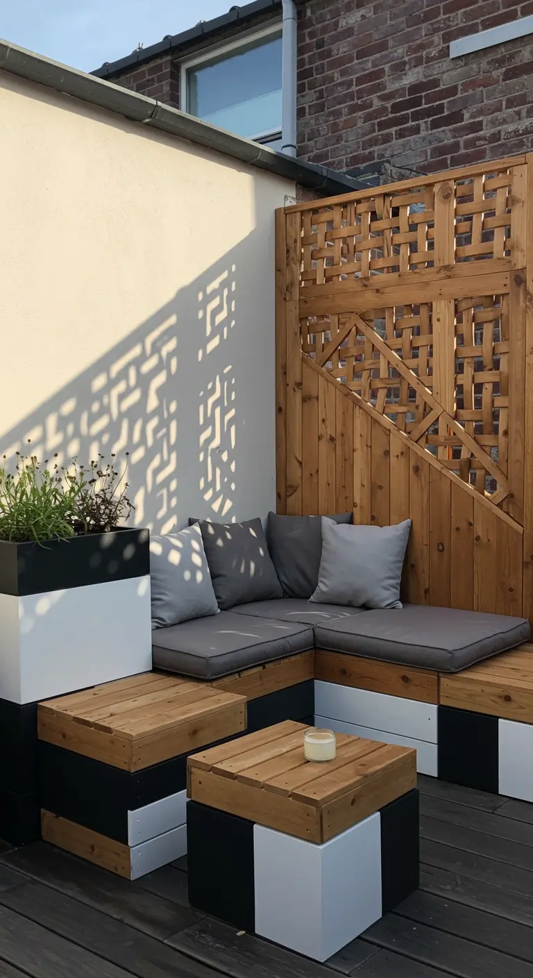 Mobilier de terrasse modulaire moderne avec jardinières intégrées.