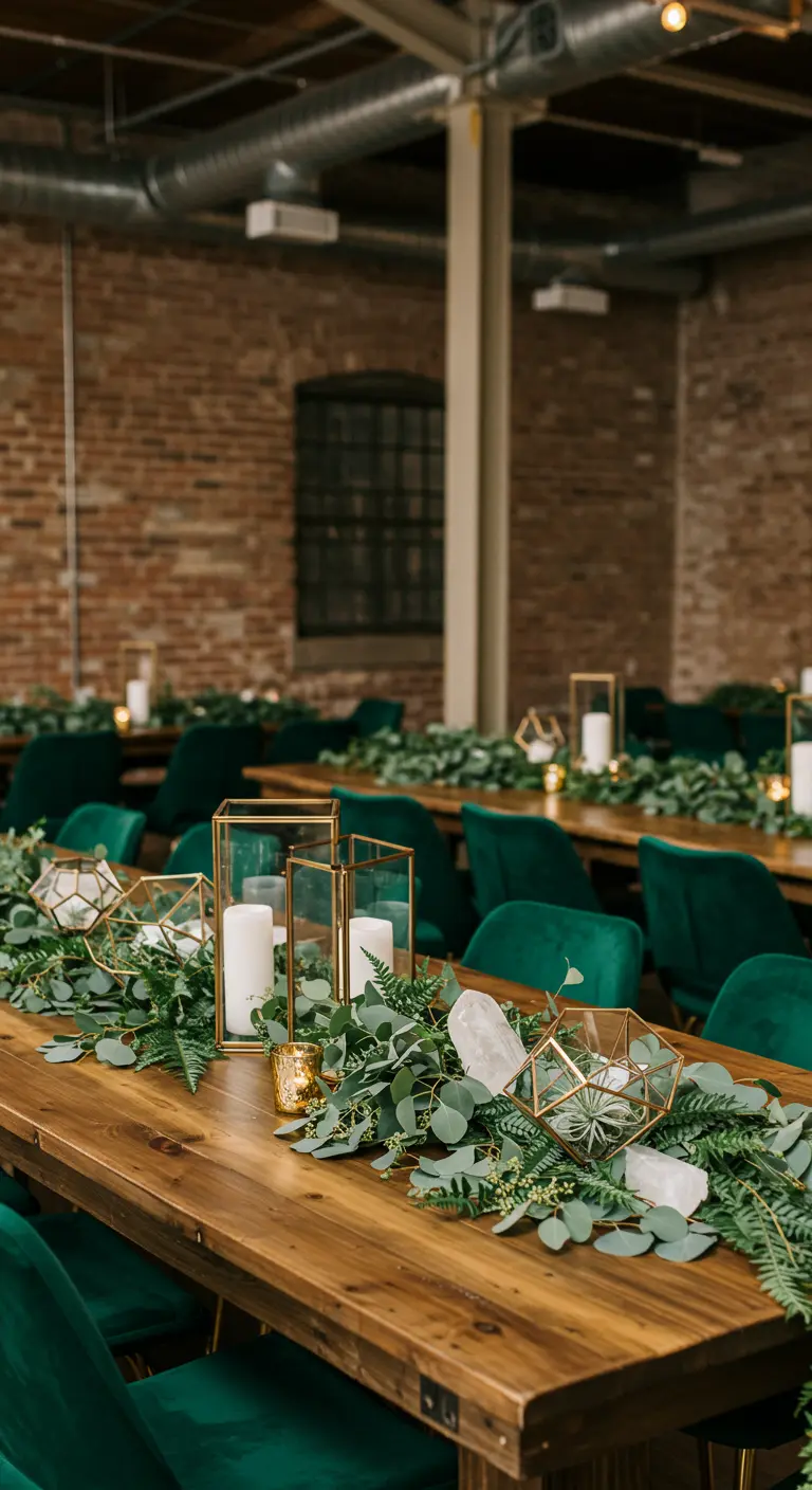 Table en bois avec chemin de table végétal, lanternes dorées et chaises en velours vert.