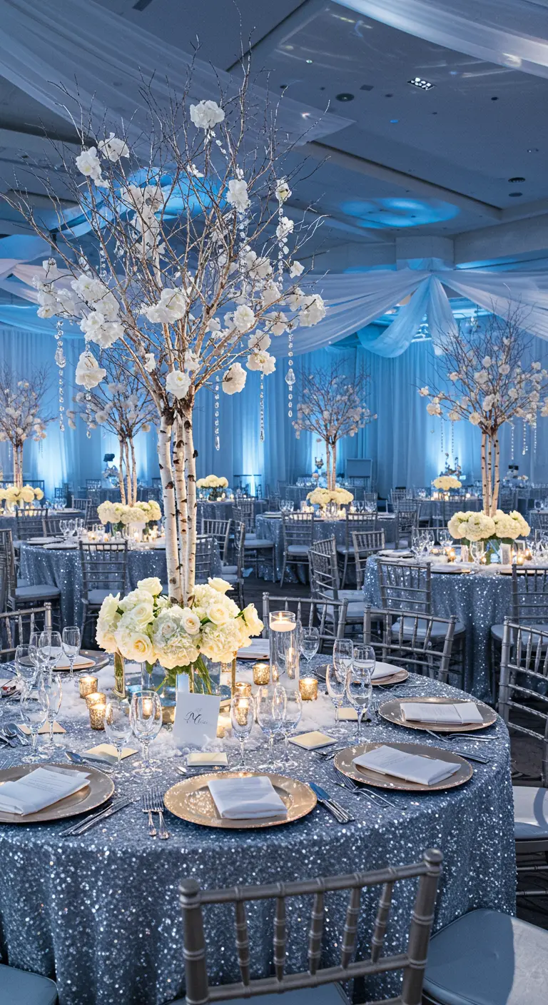 Table de réception sur le thème de l'hiver, avec nappe à sequins argentés et centres de table en bouleau.