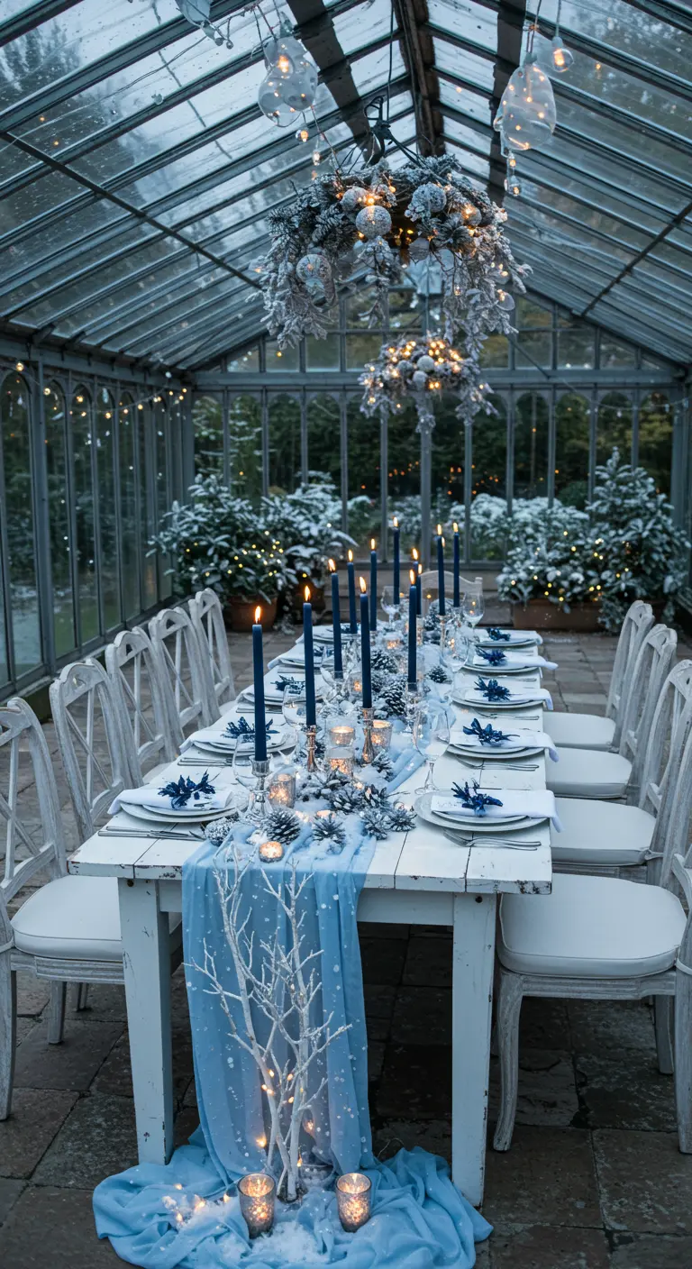Table de fête hivernale avec chemin de table bleu, branches givrées et lumières.