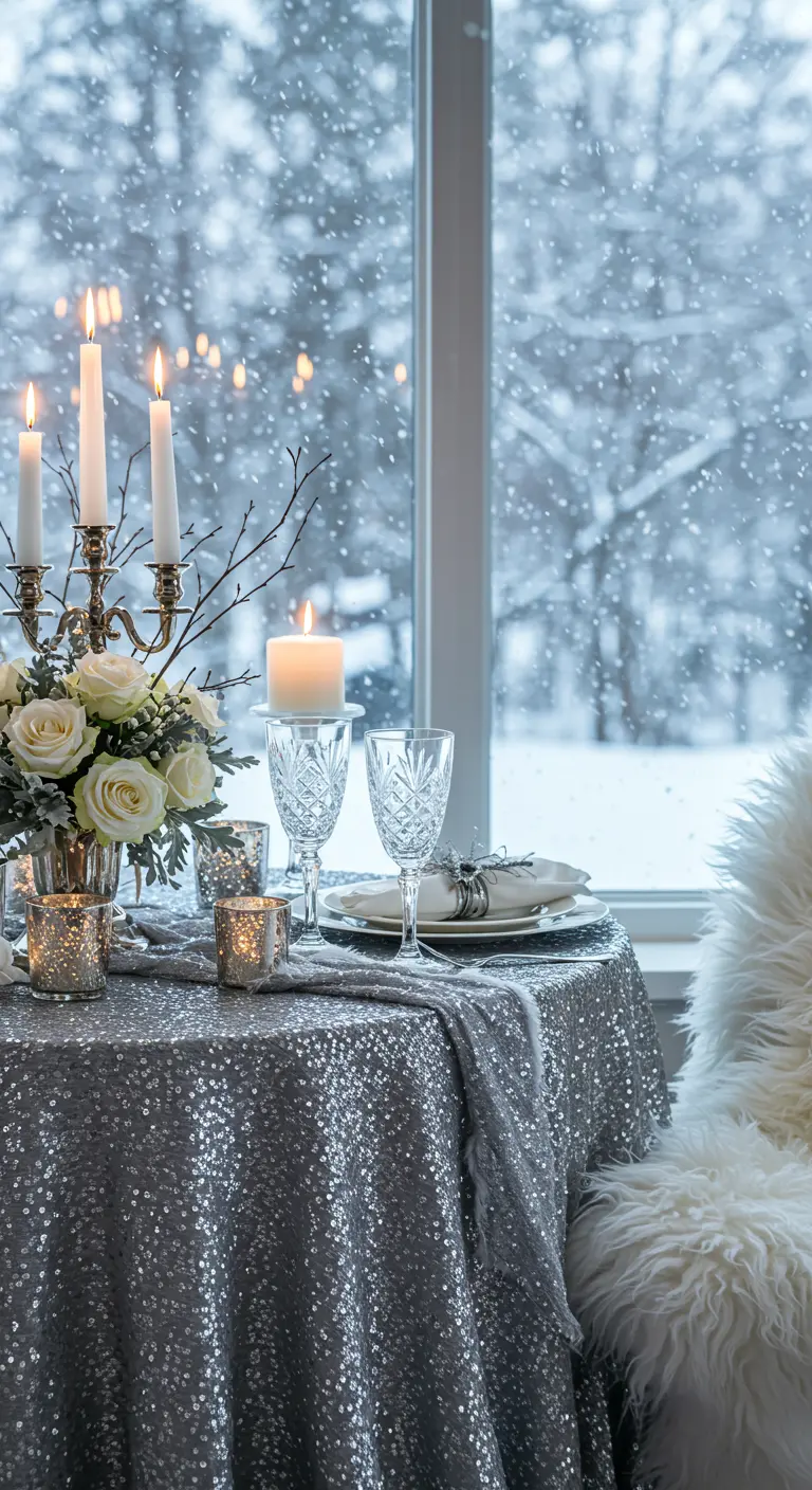 Table hivernale avec nappe à paillettes argentées, bougies et roses blanches devant une fenêtre enneigée.
