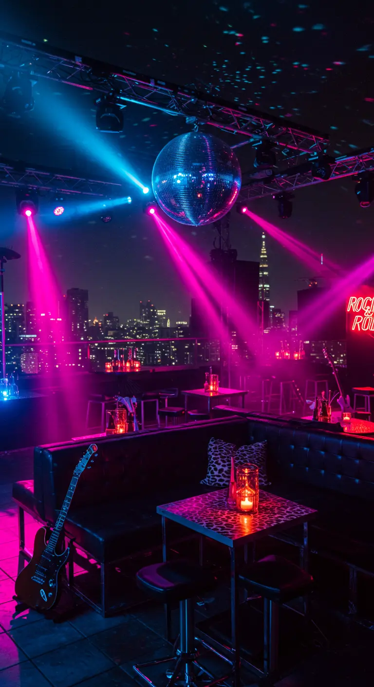 Bar sur un toit avec boule à facettes, lumières rose et bleue.