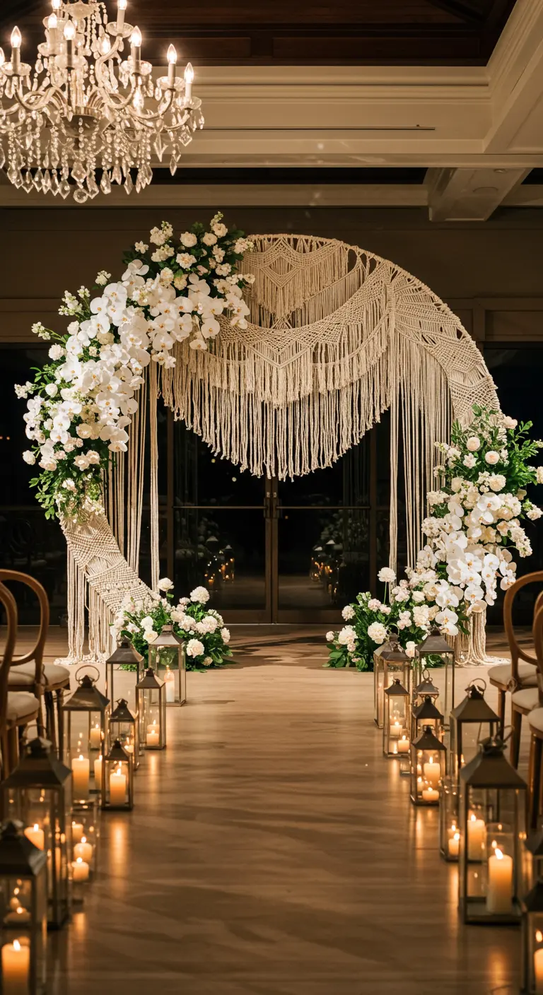 Arche de mariage circulaire intérieure recouverte de macramé et d'orchidées blanches.