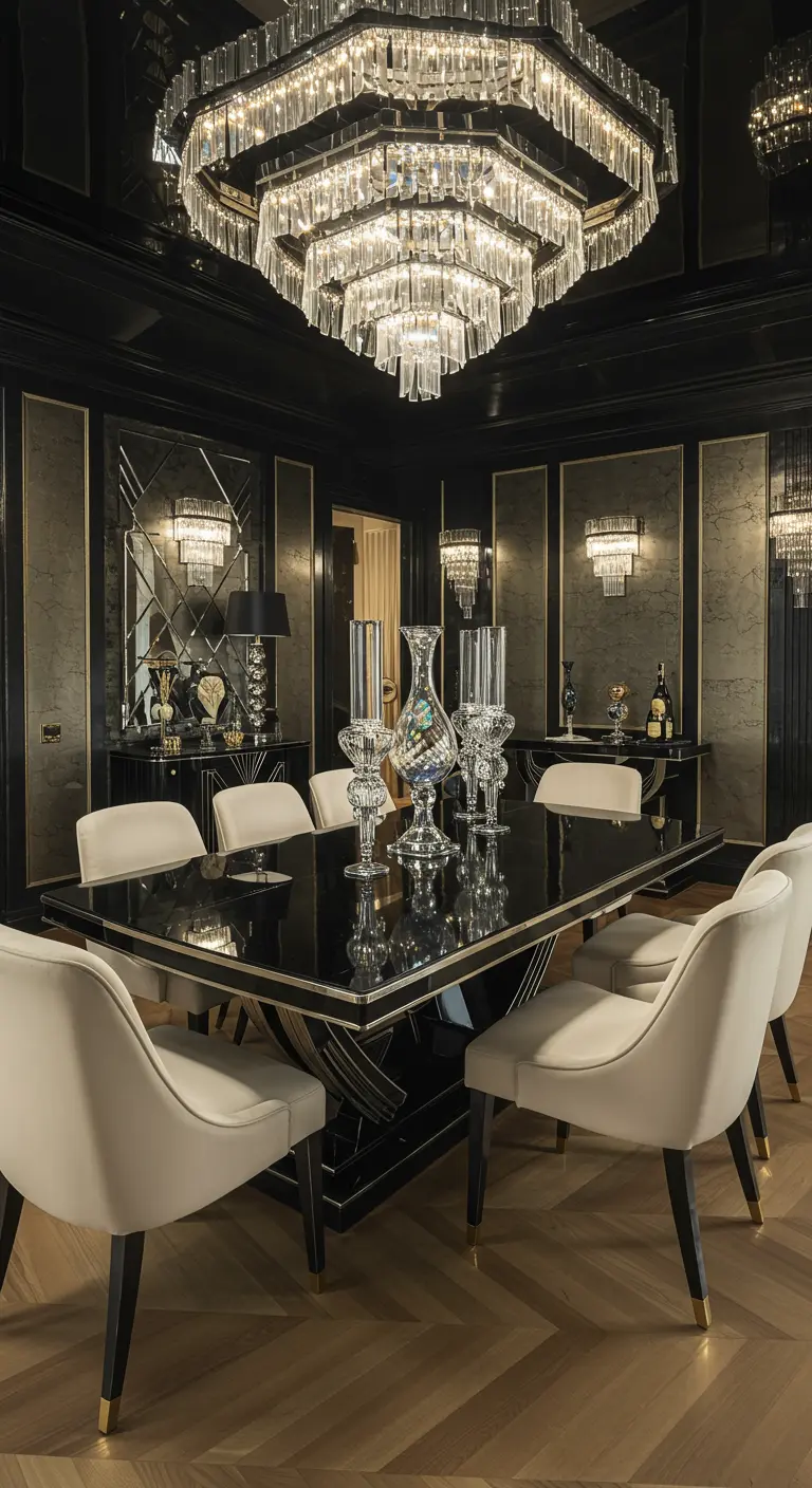 Salle à manger de luxe avec table noire brillante, chaises beiges et vase abstrait rouge.
