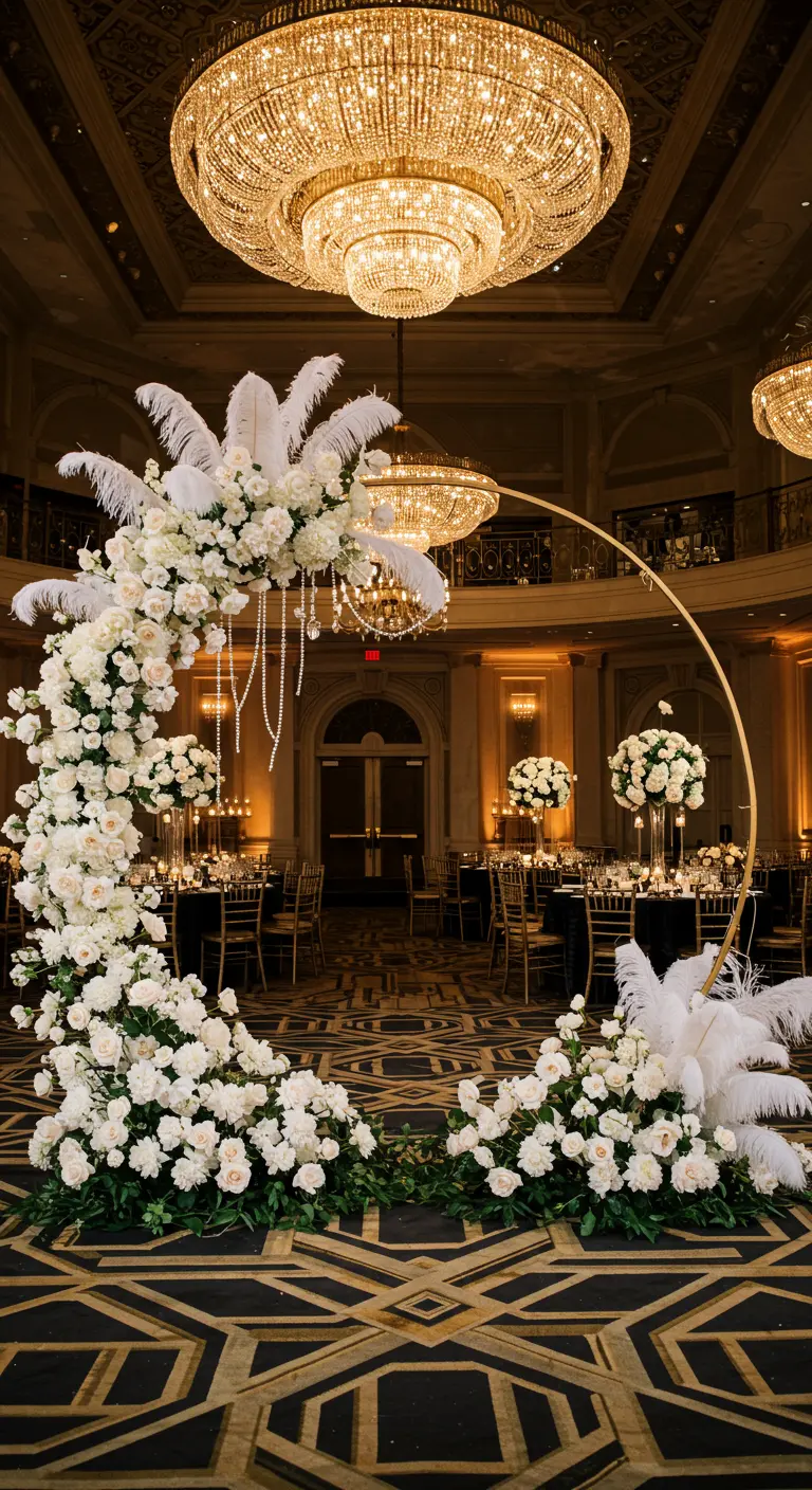 Arche dorée circulaire avec fleurs blanches et plumes style Gatsby.