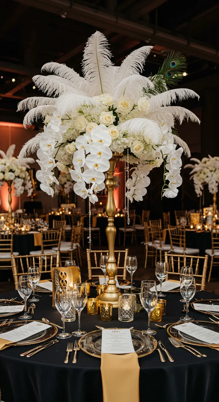 Centre de table Art Déco avec plumes d'autruche et orchidées.