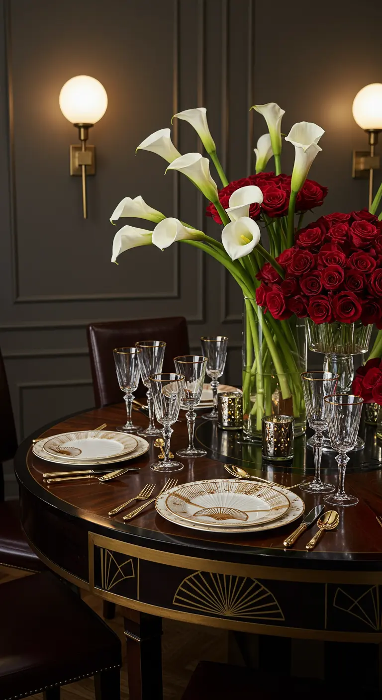 Table ronde chic avec un grand bouquet d'arums et de roses, et de la vaisselle Art Déco.