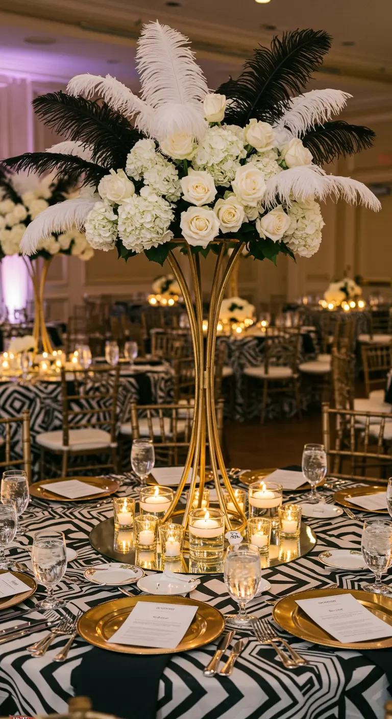 Centre de table Art Déco avec des plumes, des roses blanches et une nappe à motifs géométriques.