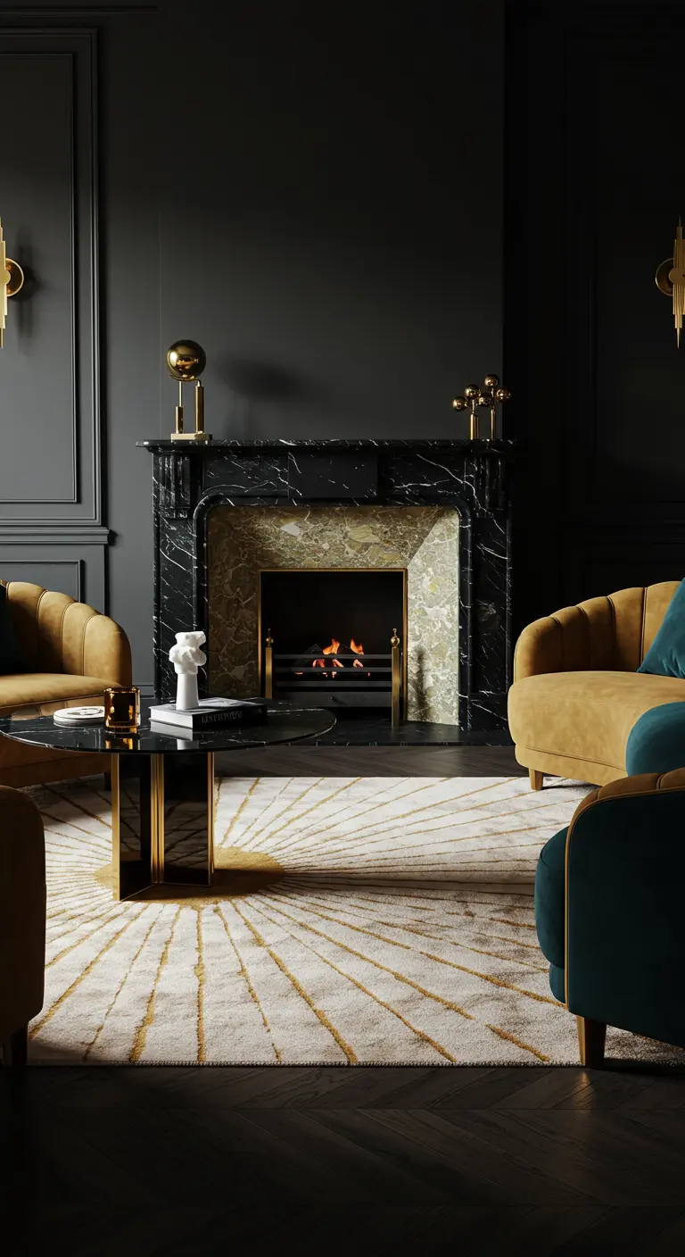 Salon Art Déco avec cheminée en marbre noir, touches dorées et fauteuils en velours.