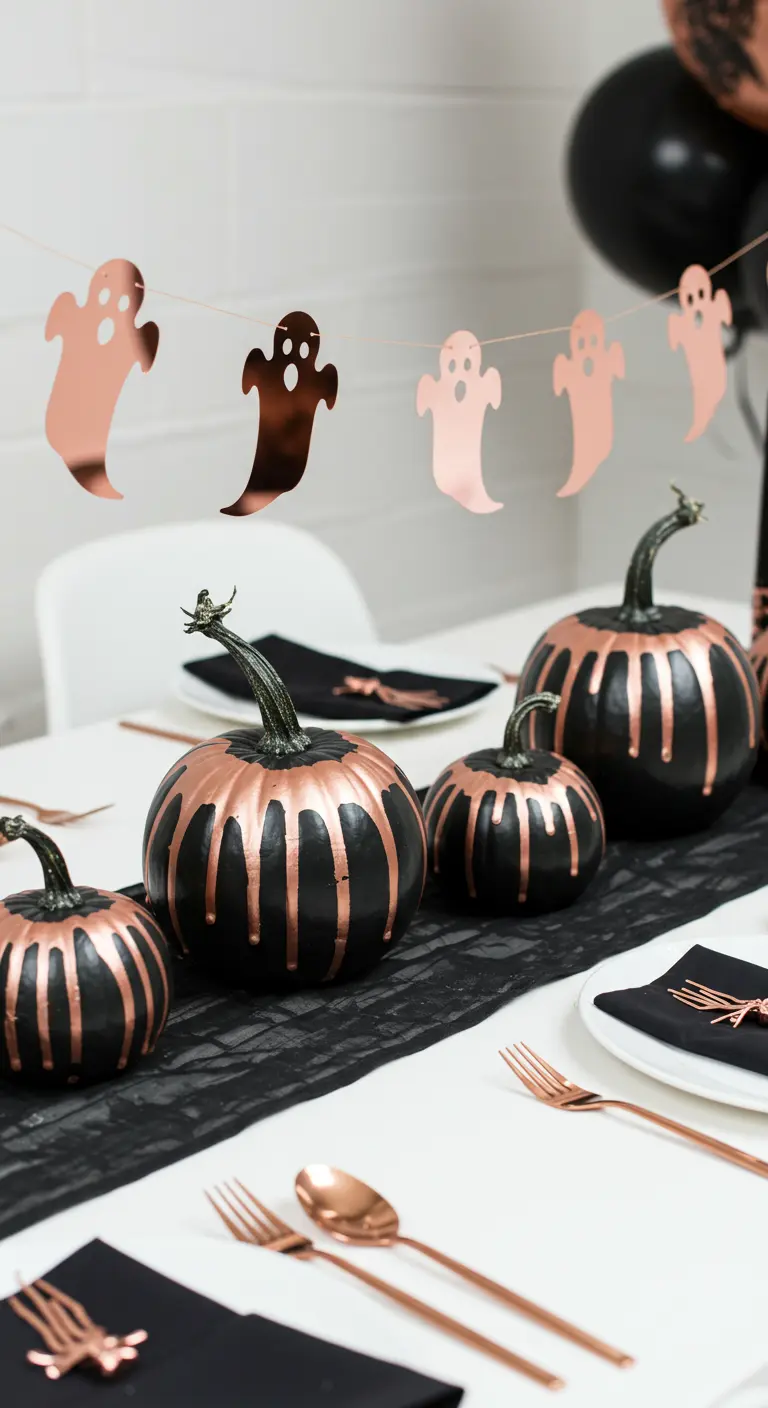 Table d'Halloween chic en noir et cuivre rosé avec des citrouilles peintes.