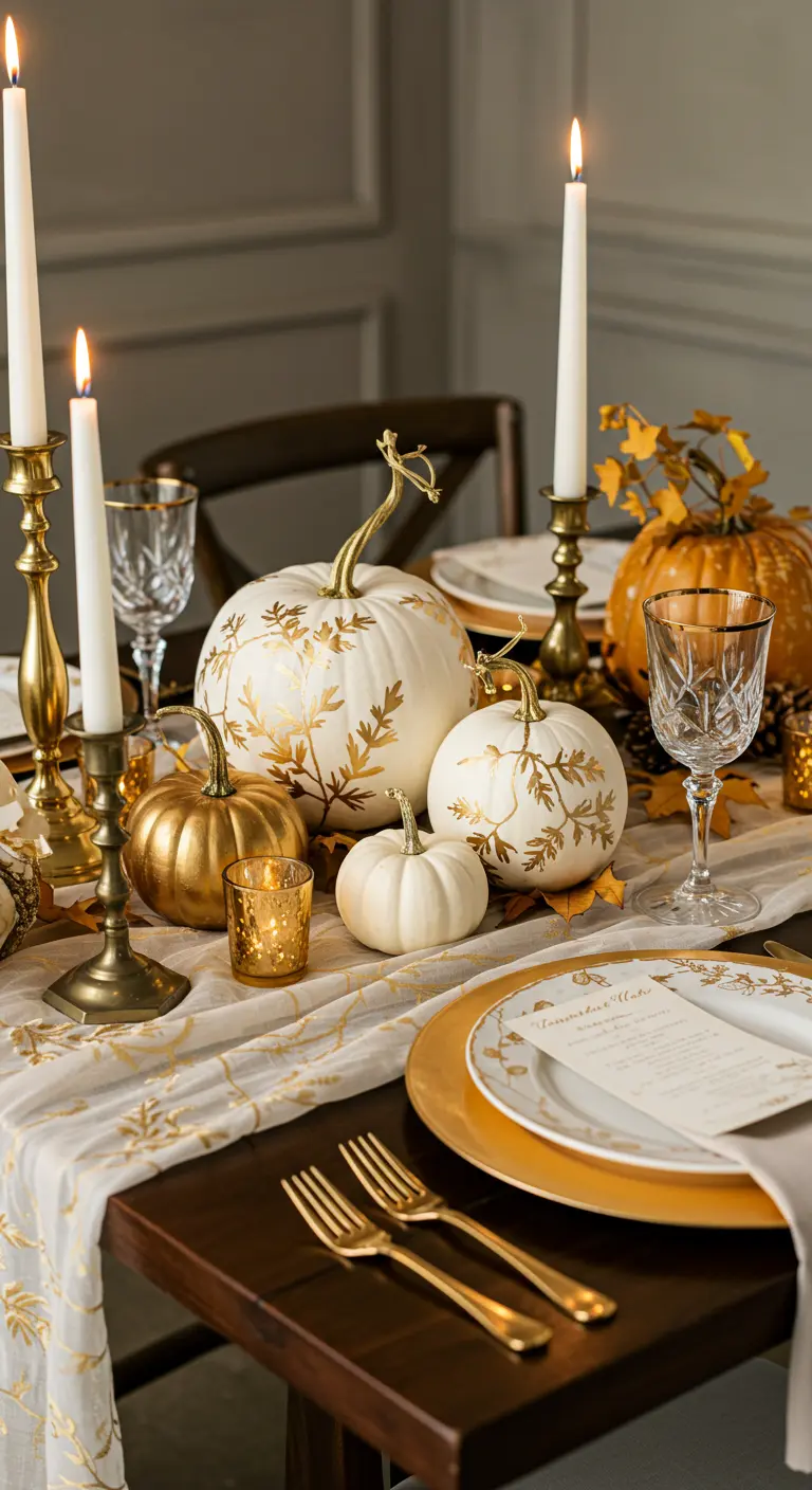 Centre de table avec des citrouilles blanches peintes en or, des couverts dorés et des chandeliers.