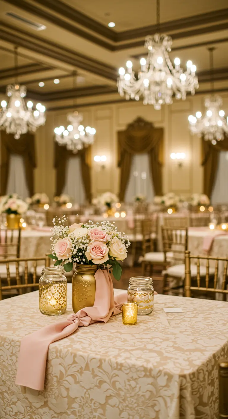 Centre de table élégant avec bocal doré, roses blush, serviette rose et bougies.