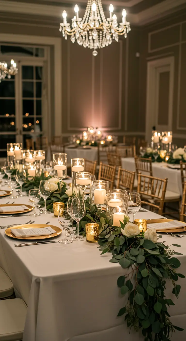 Table de réception élégante avec bougies, fleurs blanches et vaisselle dorée.