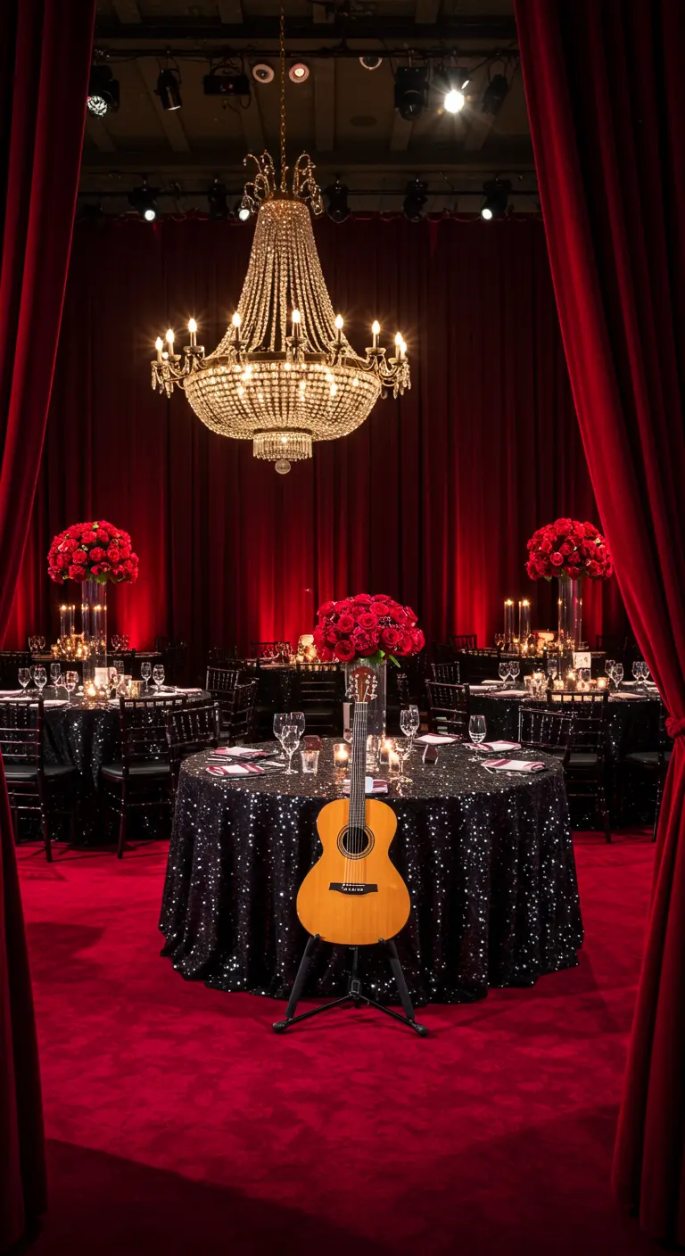 Salle de réception élégante avec un lustre, des rideaux rouges et une guitare.