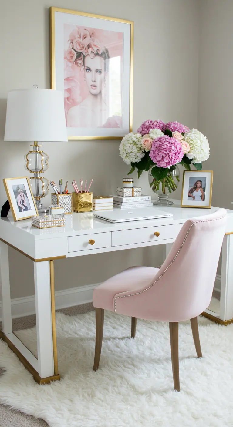 Bureau blanc et or avec une chaise en velours rose, un tapis blanc et un bouquet d'hortensias.