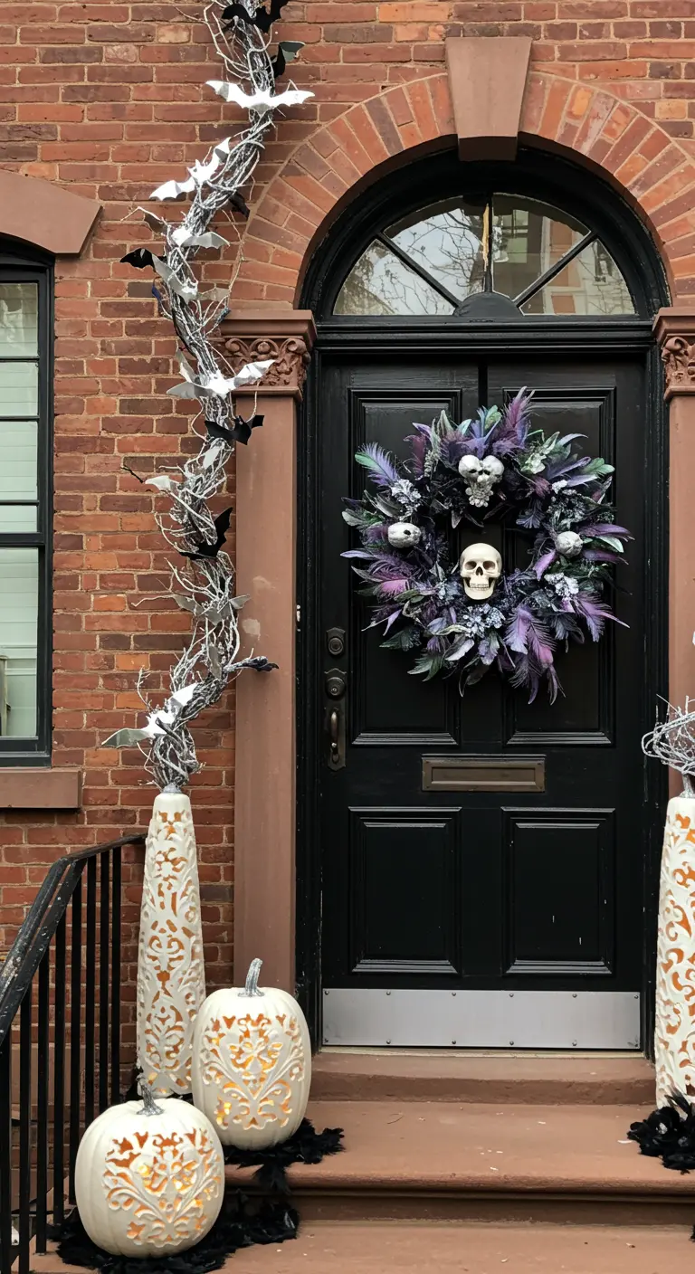 Porte noire avec une couronne gothique violette et argentée, et des citrouilles blanches sculptées.
