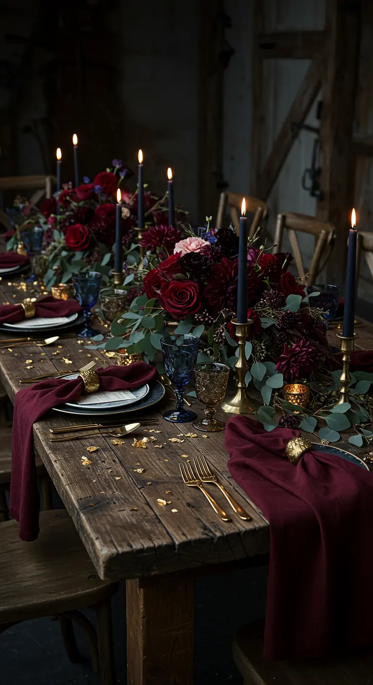 Table en bois rustique avec des fleurs bordeaux, des bougies noires et de la vaisselle dorée.