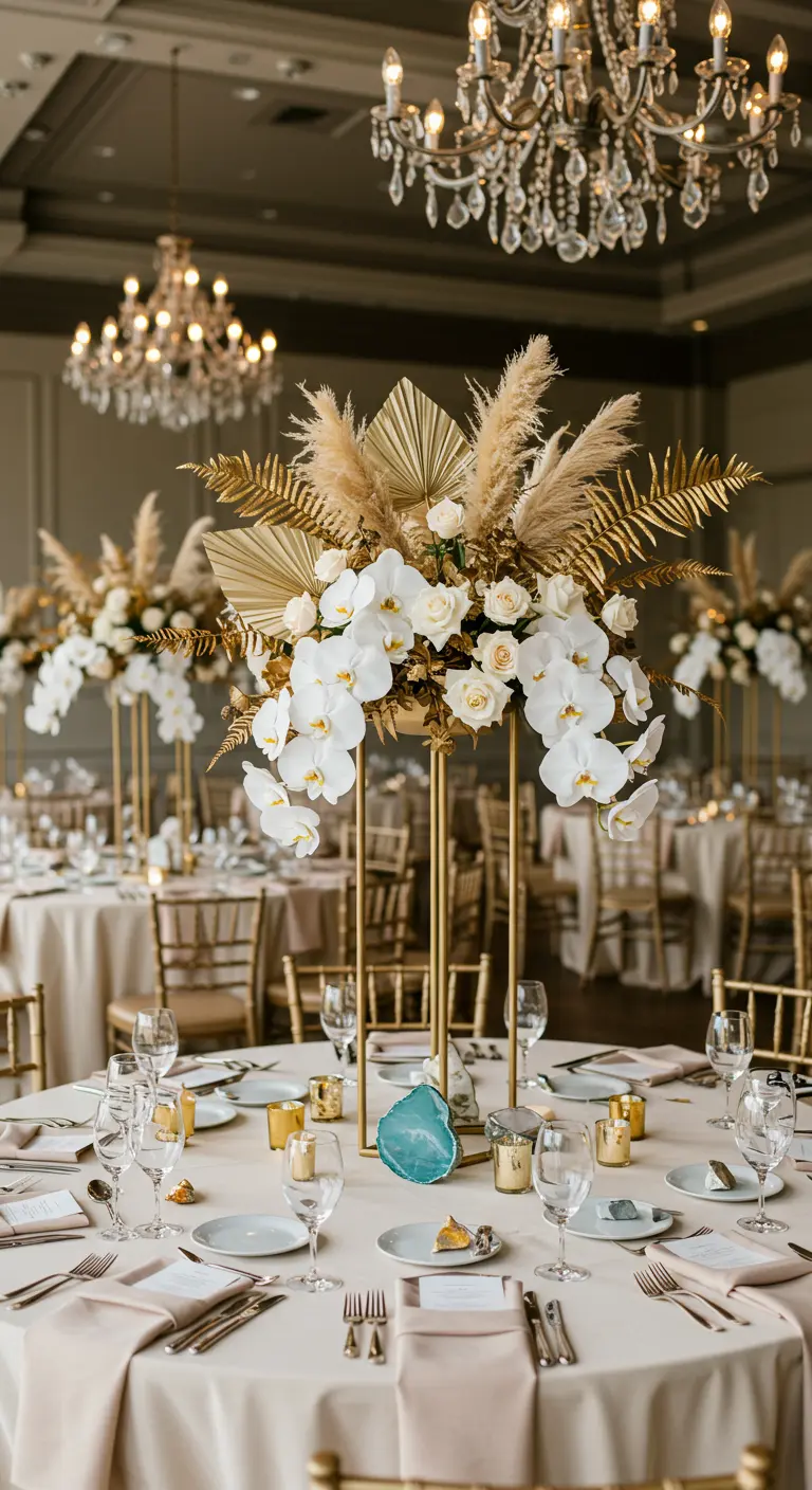 Centre de table haut avec orchidées blanches, pampa et feuilles de palmier dorées.